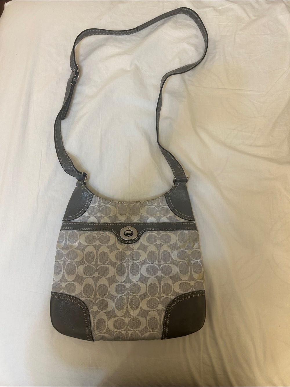 Coach Gray and Cream Signature Crossbody with Turnlock